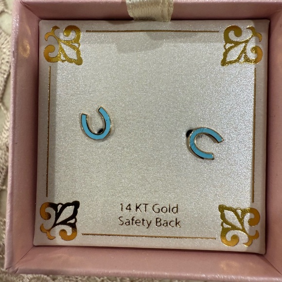 14K Gold Horseshoe kids’ Earrings with Blue Enamel